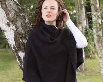 Ladies Black Knitted Poncho, Cotton Poncho, Black Poncho, Gift for Mum, Black Cotton Poncho, Black, Birthday Gift, Black Patterened Poncho