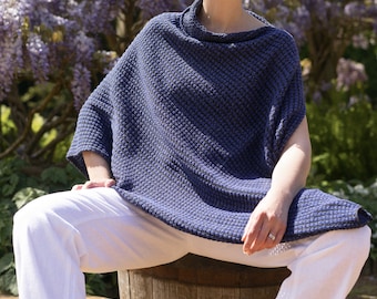 A knitted Denim Blue and Black Poncho in a Merino and Silk Mix Yarn