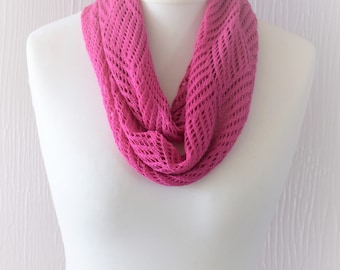 Knitted Lace Scarf, Pink Cotton Scarf, Pink Infinity Scarf, Pink Scarf, Cotton Scarf, Summer Scarf, Lace Snood, Pink Snood