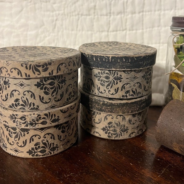 Distressed Paper Mache Boxes 2 3/4” x 1 1/2” Black Damask