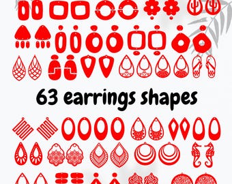 May include: A collection of 63 red earring shapes in various designs, including geometric, floral, and abstract forms. The earrings are displayed against a white background, with the text "63 earrings shapes" in black.