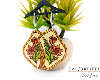Wavy Modern Floral Earrings, Laser Cut Wood, SVG PDF DXF (Digital Download)