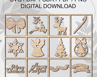May include: A set of 12 digital cut files for Christmas and New Year decorations. The files include a bow, reindeer, snowflake, angel, Christmas tree, ornament, and banners with the text "Merry Christmas" and "Happy New Year".