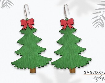 May include: A pair of green wooden Christmas tree earrings with red bows. The earrings are designed for hanging. SVG/DXF/PDF Kotoras