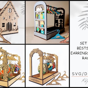 May include: Set of four wooden earring hanger racks. The racks are in different shapes, including a house, a shelf, and two arched designs. Each rack has a unique design and is decorated with floral details. The racks are made of wood and are designed to hold earrings. The text "SET OF 4 BESTSELLER EARRINGS HANGER RACKS SVG/DXF/PDF kotogras" is visible in the image.