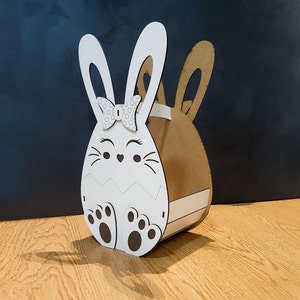 ハンドル付きウサギのバスケット レーザーカット ファイル / 木製イースターバスケット CNC ベクター ファイル / イースター用バスケット Glowforge / キャンディー ボックス SVG