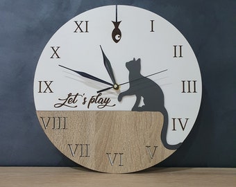 Reloj de pared con diseño de gato jugando, cortado con láser, archivo DXF Glowforge Svg, archivo vectorial digital