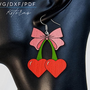 Two pair Coquette Cherry Bows SVG File,  Laser svg File Acrylic Jewellery, Cherries and Bows svg File Earrings, wood Earring svg cut file
