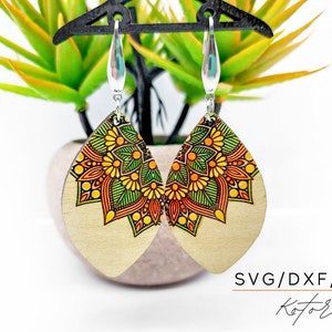 Mandala Flower Engraved Earrings Digital Download Wood Earring Svg, Laser Cut Earring Svg for Glowforge, Earring Shapes Svg, Pdf, Dxf