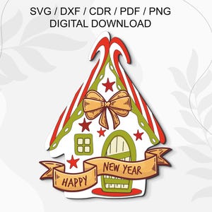 Frohes neues Jahr mit Weihnacht-Hausverzierung, Laser-Svg, Glowforge-Svg, Hausdekoration, Laserschnittdateien und Glowforge SVG