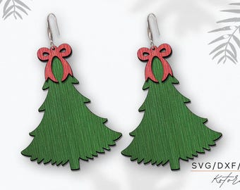 May include: A pair of green wooden Christmas tree earrings with red bows. The earrings are designed for crafting and are available in SVG, DXF, and PDF formats.