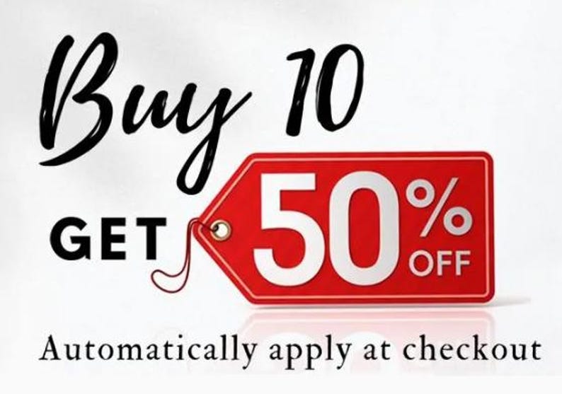 May include: Red and white sale tag with the text "Buy 10 Get 50% Off" and the words "Automatically apply at checkout" below.