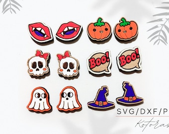 May include: Set of 10 Halloween-themed wooden earrings. The earrings feature various designs, including pumpkins, ghosts, skulls, and a witch's hat. The earrings are painted in bright colors, including orange, red, white, black, and purple.