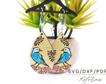 Bird Teardrop  Flower Engraved Earrings Digital Download Wood Earring Svg, Laser Cut Earring Svg for Glowforge, Earring Shapes Svg, Pdf, Dxf