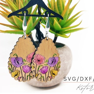 Floral Laser Engraved Earrings Digital Download Wood Earring Svg, Laser Cut Earring Svg for Glowforge, Earring Shapes Svg, Pdf, Dxf