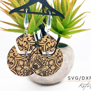 抽象的なレーザー彫刻イヤリング デジタルダウンロード 木製イヤリング SVG、Glowforge 用レーザーカットイヤリング SVG、イヤリング形状 SVG、PDF、DXF