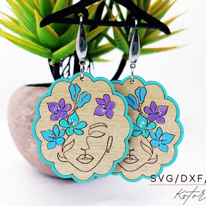 Girl with Flowers Engraved Earrings Digital Download Wood Earring Svg, Laser Cut Earring Svg for Glowforge, Earring Shapes Svg, Pdf, Dxf