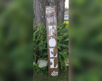 Happy Fall Porch Sign with Leaf and Pumpkin