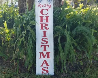 Merry Christmas Porch Sign with Buffalo Checkered Bow, Outdoor Sign, Holiday decor