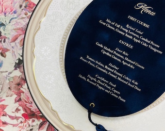 Velvet menu, green 380 psc. Thin base with tassel Velvet Oval menu Card, Hot stamping menu card, Modern design Event menu