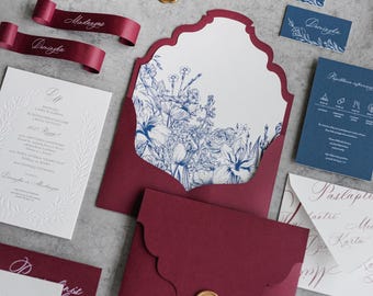Beautifully crafted Wedding Invitation, Embossed floral pattern Wax stamp Wedding suite, Burgundy envelope, Invitation Party, Cotton paper