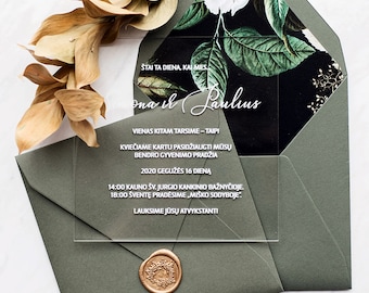 Transparent wedding invitation with stamp / floral design for your wedding