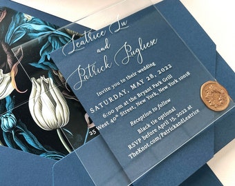 Unique and elegant wedding invitation card with modern envelope and wax stamp seal