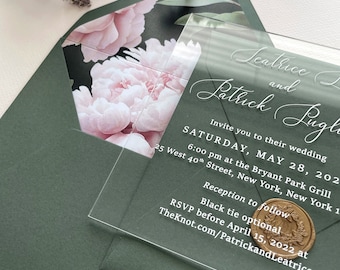 Transparent Invitation Card with white printing and Green Envelope, Wax Stamp Set