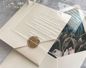 Custom printing Romantic Transparent Invitation Card with Cream Envelope and Wax Stamp, Luxury Ivory Wedding Invites, floral Pocket