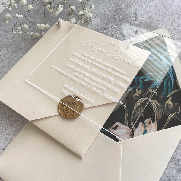 Custom printing Romantic Transparent Invitation Card with Cream Envelope and Wax Stamp, Luxury Ivory Wedding Invites, floral Pocket