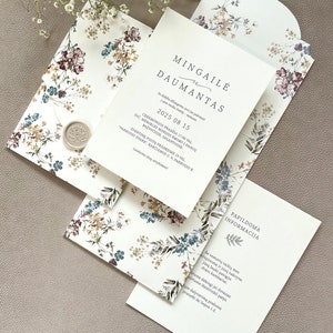 Romantic Neutral Boho Wedding, Floral design invite, Invitation set, wax stamp