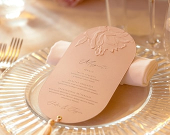 Dusty Rose Arch Menu with Elegant Tassel - Embossed Flower Wedding stationary, Minimalist Romantic Table Setting, Custom Dinner Card