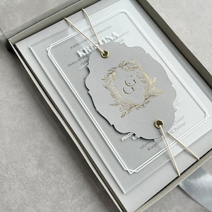 Grey Velvet Wedding Invitation Box set, Acrylic Wedding Invitations in Box with ribbon, Custom Wedding Monogram, Gold Press Monogram
