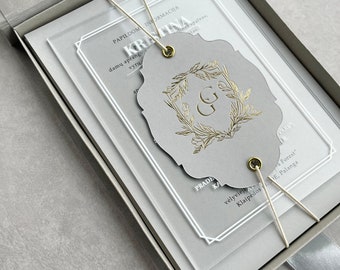 Velvet Wedding Invitation Box set, Acrylic Wedding Invitations in Box with ribbon, Custom Wedding Monogram, Gold Press Modern Monogram
