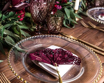 Velvet Fan Wedding Place Cards - Laser Cut Name Tags with Gold Tassel - Burgundy Personalized Escort Cards - Unique Luxury Table Decor