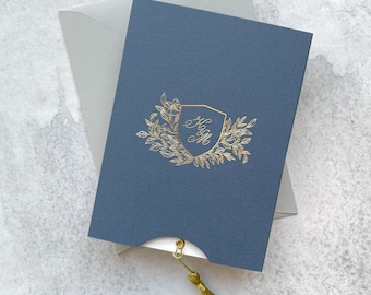 Slide up floral invitation with gold foil monogram