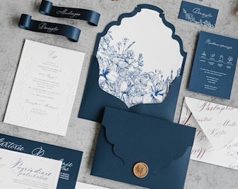 Embossed Navy Blue Wedding Invitation set, Floral pattern Wax stamp Wedding suite, Navy blue envelope, Invitation Party, Cotton paper