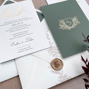 Letterpress Einladung mit Goldfolie Monogramm, Vintage Design zur Hochzeit