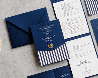 Invitation with gold stamping foil, metal anchor, Gold stamping information, Navy blue Invitation, adorable menu card, Marine Topic