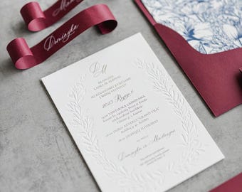 Letterpress card, Elegant Burgundy Embossed Wedding Invitation Suite Enclosure Cards for a Personalized Touch