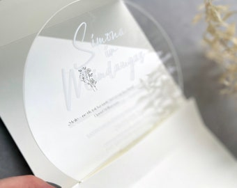 Elegante acryl huwelijksuitnodiging met extra informatievak, huwelijksuitnodiging met envelop en stempel, crèmekleurige uitnodiging