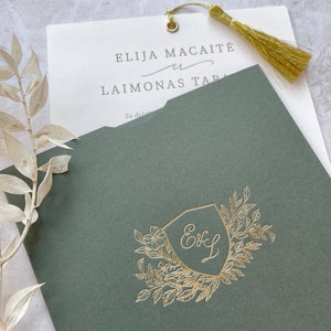 Green pocket invitation card with gold tassel | Greenery pocket | WEDDING invitation