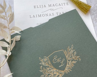 Green pocket invitation card with gold tassel | Greenery pocket | WEDDING invitation