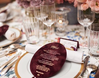 Velvet menu with gold stamping foil with tassel, Wedding Evening, Menu design, Velvet and gold foil stamping, Foil Velvet design, Stamping