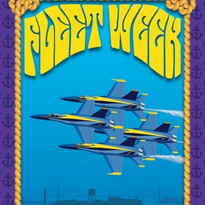 May include: A retro-style poster with a yellow rope border and anchor pattern. The poster features the text "Fleet Week" in a yellow, psychedelic font. The poster also features a silhouette of the Golden Gate Bridge and four blue and yellow fighter jets flying in formation. The text "San Francisco" is at the bottom of the poster in a yellow, psychedelic font.