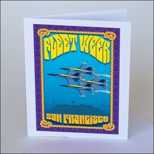 May include: A greeting card with a blue and yellow illustration of the Blue Angels flying over San Francisco Bay. The card has a purple background with a yellow rope border and anchor symbols. The text "Fleet Week San Francisco" is in yellow letters.