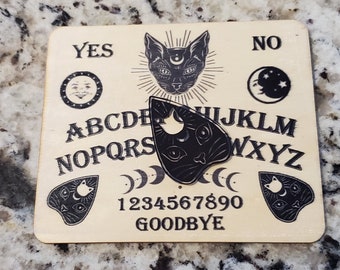 Tiny Travel Wooden Ouija Spirit Board With Kitty Cat Planchette Halloween 5 x 6 inches