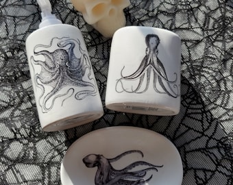Octopus Ceramic Bathroom Set 3 Pieces Vintage Illustration Victorian Decor  Nautical Theme Dark Decor