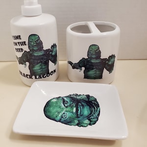 Horror Bathroom Decor, Creature from the Black Lagoon, 3 piece Ceramic Bathroom Set Dark Decor