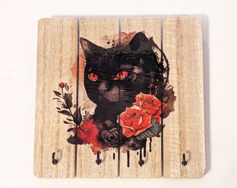 Black Cat Printed Wood Jewelry Key Ring Holder ~ Gothic Wall Art ~ Handmade Art Gift